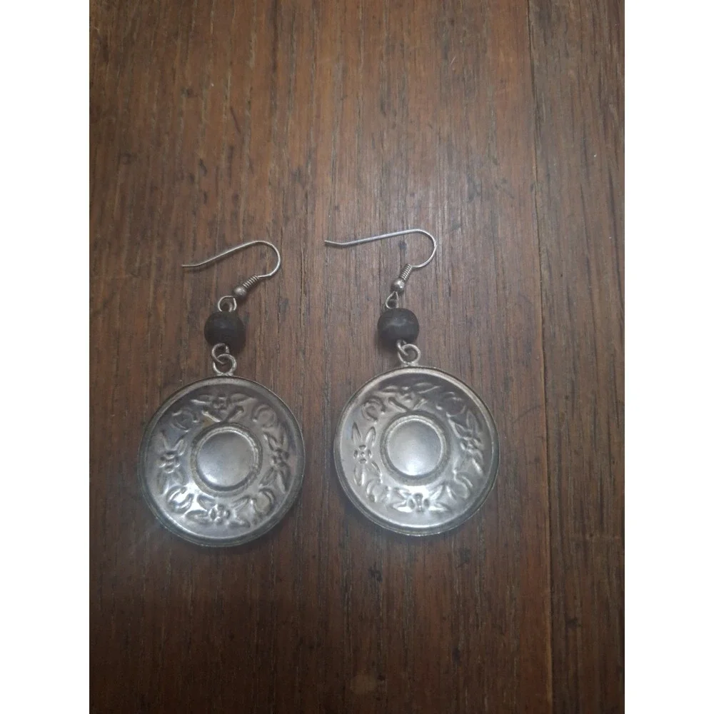 Vintage Equestrian Silver Tone Horseshoe Medallion Drop Earrings Mother‎ Pearl